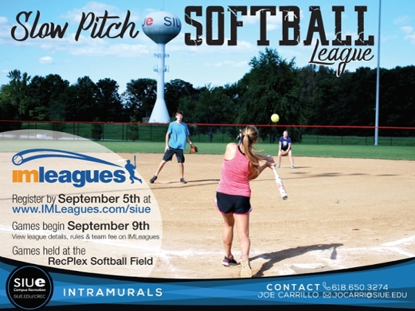 Register for Slow P{itch Softball Intramurals League by September 5th. Games start September 9th. 